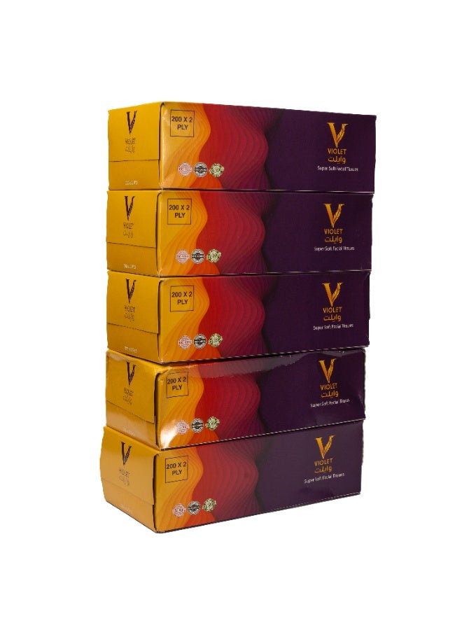 Violet Super Soft Facial Tissue 200 Sheets x 2 Ply Pack of 5 - Image 1